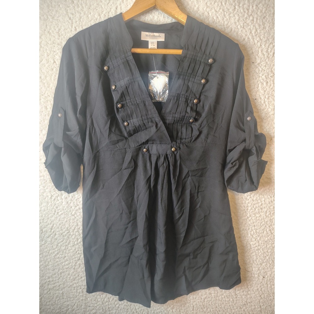 Motherhood Maternity Black Pintuck Roll Tab Sleeve Blouse Small